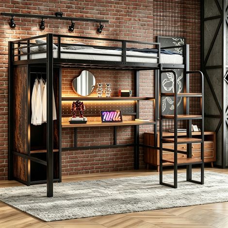 Metall-Hochbett 90x200 cm mit Schreibtisch und Kleiderschrank, platzsparendes Gaming Bett mit LED-Beleuchtung und Regal, Schwarz (1/5)
