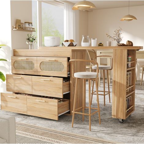Bartisch MDF/Metall in Natur, 128-203 x 39 x 90 cm, 360° drehbar, 6 Schubladen, PE-Rattan-Türen, Kippsicherung (1/5)