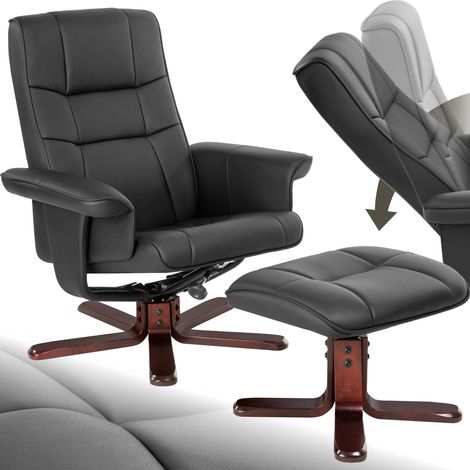 Tectake – Fauteuil relax inclinable en simili cuir noir – Pieds en bois laqué – Dossier réglable pour confort optimal – Tabouret inclus (1/5)