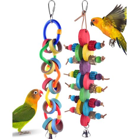 Lot de 2 jouets à mâcher suspendus colorés pour oiseaux, cascade d’anneaux en bois, jouets à croquer pour perroquets, accessoires de cage pour conures, calopsittes, cacatoès, aras, petits et moyens oi (1/5)