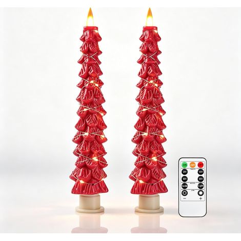 2 Bougies LED Sapin Rouge, Bougies Sans Flamme avec Guirlande de Cuivre, avec Télécommande pour Décoration de Noël [Classe énergétique A+++] (1/4)