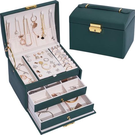 Coffret à Bijoux Femme Fille Vert Foncé, Boîte de Rangement pour Bagues, Bracelets, Boucles d'Oreilles, Montres, Lunettes, Idée Cadeau de Noël (1/5)