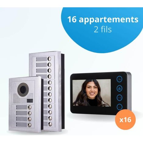 Portier interphone vidéo MODERN 2 Fils - 16 appartements - 16 écrans noirs
