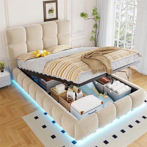 Letto singolo imbottito 90 x 200 cm con contenitore, LED e testiera imbottita, design moderno per camera di adulti o ragazzi, velluto beige (1/5)