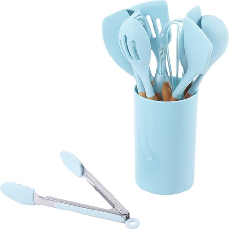 Lot de 12 ustensiles de cuisine en silicone vert clair, manches en bois, spatules antiadhésives pour poêle, rangement dans seau (1/5)