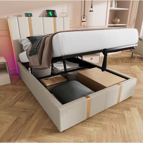 Cama Baúl 90x200 Cm Canapé Elevable LED Y USB Tela Beige (1/5)