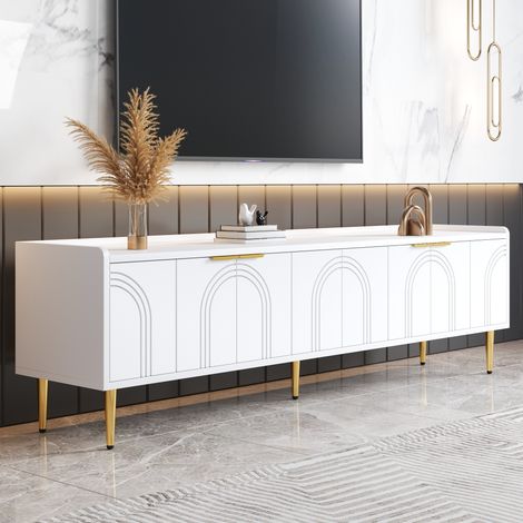 Meuble TV avec rangement, 4 portes meuble bas pour salon et chambre, pieds en métal- Motifs à lignes courbes, 170x35x47,5 cm, MDF, Blanc (1/5)