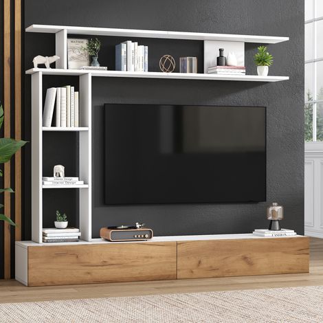 Tkopy - 180 × 35 × 22,5 cm Ensemble de meubles TV, comprend un meuble TV, un support au sol et une étagère murale, cnsemble de meubles TV pour salon et finition brillante, blanc plus couleur bois (1/5)