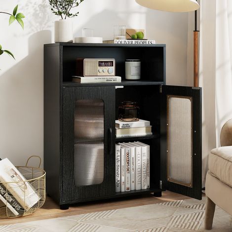 COSTWAY Bathroom Cabinet Freestanding Linen Floor Cabinet with 2 Doors-Black (1/5)