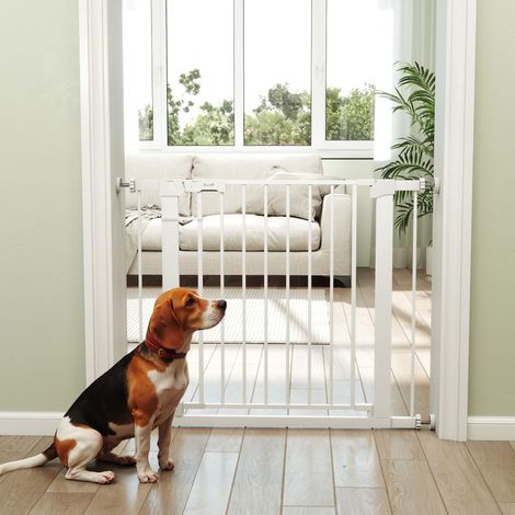 Blanc - Barrière de sécurité extensible pour chiens pour escaliers et portes 76-97 cm avec 2 rallonges de 7 cm à fermeture automatique et