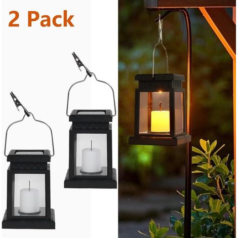 Confezione da 2 piccole lanterne solari, candele a LED impermeabili da appendere per giardino e tavolo, illuminazione esterna suggestiva e tremolante (1/5)