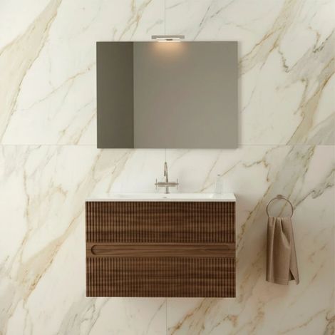 Mobile Bagno Sospeso 80 cm Modello Aurora Mdf Noce con Specchio e Lavabo MOBO