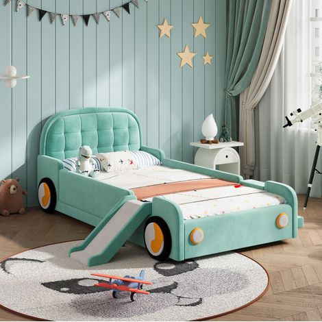 Lit cabane enfant 90x200 cm avec toboggan et escalier réversibles, structure sécurisée en velours - bleu-vert (1/5)