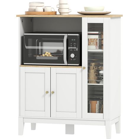 Armoire micro-ondes cuisine 1 niche 3 portes passe-câbles blanc aspect bois 80 x 35 x 97 cm