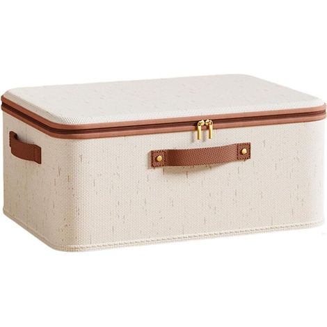 Boîte de rangement pliable avec couvercle à fermeture éclair – Panier/coffre de rangement en lin, pliable et lavable, organiseur pour armoire avec poignées (Dimensions : 14.96×10.24×6.3 pouces, capaci