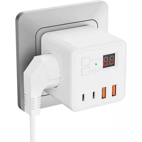 ORION91oficial® - Múltiple Clavija Enchufe, CUBE 7 en 1 Blanco, Protector contra sobretensiones, 3 salidas de CA, 2 USB, 2 tipo C, Pantalla LCD, Carga Rápida, Temporizador - spaziOrion91 - Pack x2 (1/5)