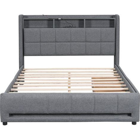 Gepolstertes Doppelbett – 150 x 220 cm – mit Lattenrost – verstellbare LED-Lampe und USB-Ladeanschluss – Belastbarkeit: 226 kg – Stauraum im Kopfteil und unter dem Bett – grau (1/5)