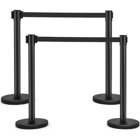 Costway – Lot de 4 poteaux de guidage avec sangles rétractables 2m – Acier inoxydable noir mat – Coussinets en caoutchouc pour sol – Pour régulation de foule