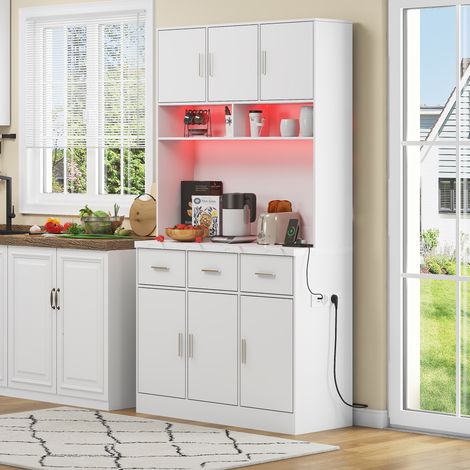 Buffet de Cuisine LED 100 x 40 x 180 cm avec Contrôle par Application, Tiroirs, Étagères Réglables, Passe-Câbles et Prises Intégrées, Meuble de Rangement pour Cuisine et Salle à Manger, Blanc (1/5)