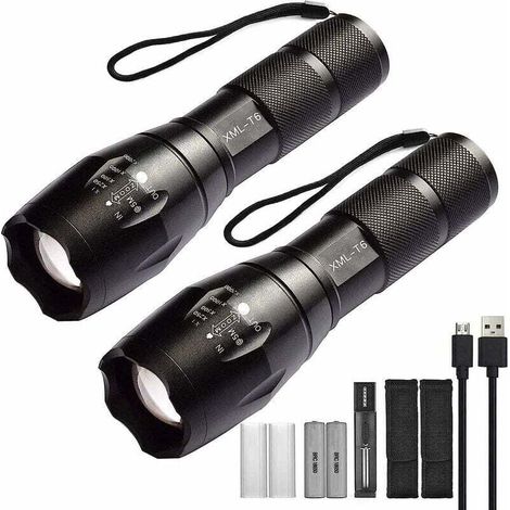 2er-Pack Hochleistungs-LED-Taschenlampen mit 2 wiederaufladbaren 18650-Akkus, taktische Taschenlampe mit USB-Ladegerät