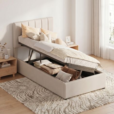 Lit simple avec coffre 90x200 cm - rangement hydraulique, tête de lit réglable,captonnée à rayures - métal,sommier à lattes - style moderne enfant,ado - beige