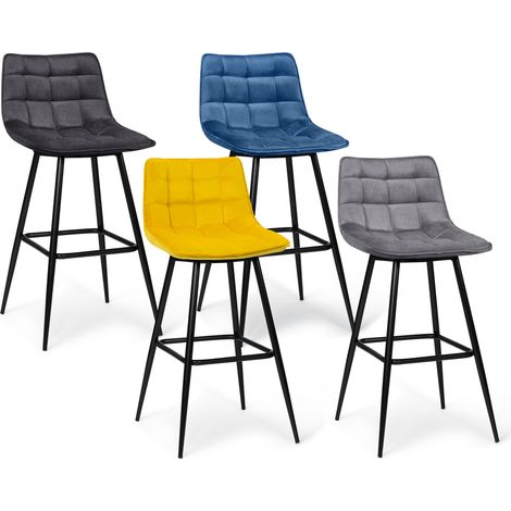 Idmarket – Lot de 4 tabourets de bar en velours – Assise 65 cm – Couleurs bleu, gris clair, gris foncé, jaune – Pieds en métal noir