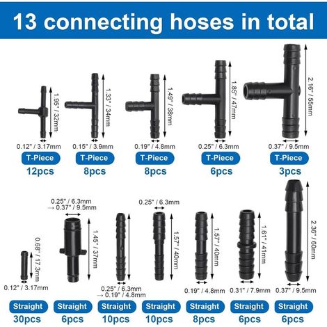 113-teiliges Tropfbewässerungsschlauch-Set – 12 Größen für Gartenschlauch-Fittings, Reduzierstücke und T-Stücke für Gartenbewässerungssysteme (1/5)