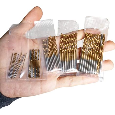 50 Mini-Spiralbohrer aus Hochleistungs-Schnellstahl mit Titanbeschichtung (HSS) in den Größen 1,0/1,5/2,0/2,5/3,0 mm. Geeignet für Holz, Kunststoff und Aluminium.