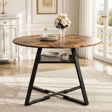 Table à Manger Ronde 120 cm, pour 4-6 personnes, style industriel vintage et métal avec étagère de rangement, 4 pièces à assembler, Marron (1/5)