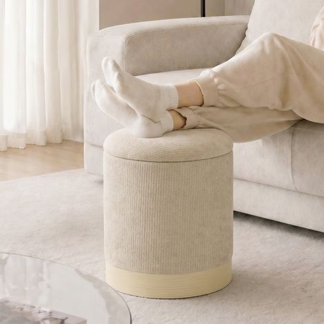 Pouf coffre rangement, tabouret rond en chenille, pouf repose-pieds avec base en métal effet bois, beige (1/5)