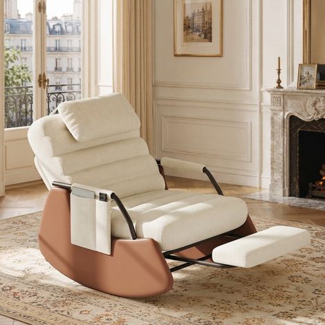 Sillón mecedora con reposapiés retráctil, mecedora para salón con respaldo reclinable en 3 posiciones, tapizada en pana de estilo escandinavo, beige (1/5)