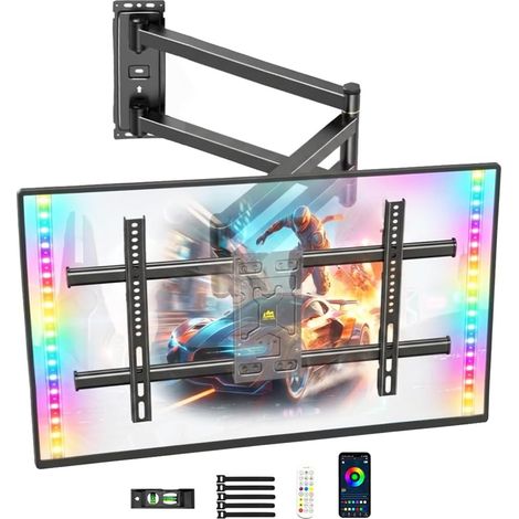 Support Mural TV avec Lumières LED pour Télévision de 37 à 75 Pouces Jusqu'à 45kg, Support TV Mural à Longue Portée 1015mm Pivot Inclinaison et Rétroéclairage Musical, VESA Max 600x400mm (1/5)