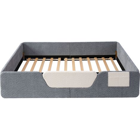 Lit capitonné enfant 140x190, lit en velours gris avec barrières de sécurité amovibles et poche de rangement, sans matelas (1/5)