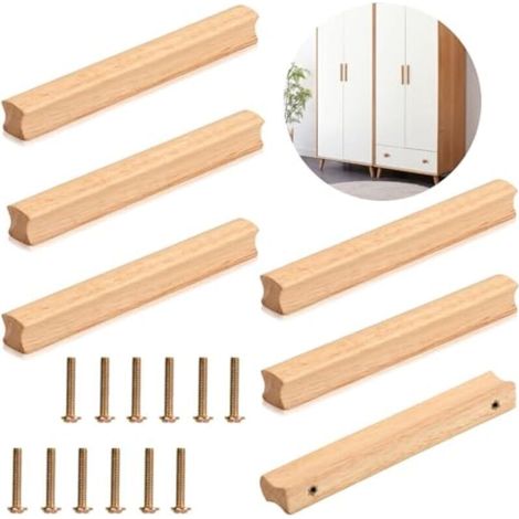 Ensemble de 6 poignées de meubles en bois, avec vis pour armoires, entraxe de 160 mm pour poignées de penderie - Crezuo (1/4)