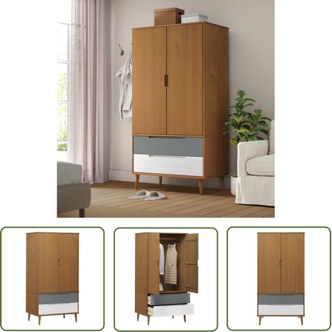 The Living Store Kleiderschrank MOLDE Braun 90x55x175 cm Massivholz Kiefer - Holzschränke - Kleiderschrank - Skandinavisches Design - Massiver Kiefernholz - UV-Lackierung (1/5)