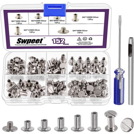 152 pièces m5x5mm, 6mm, 8mm, 10mm, 12mm argent vis rivets en cuir avec perforateur et tournevis rond tête plate goujons à double tête pour bricolage cuir artisanat et reliure (1/5)