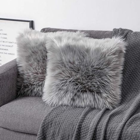 Taie D Oreiller - Fausse Fourrure - 40 X 40 Cm - Gris - Lot De 2 (1/4)