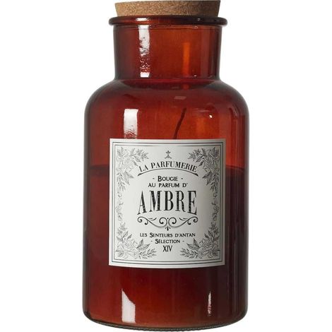 Bougie XXL en verre marron avec couvercle en liège senteur ambre (H25,5 cm) (1/4)