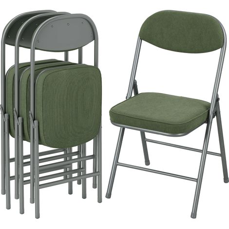 Set di 4 sedie pieghevoli, sedie da pranzo portatili con seduta e schienale imbottiti in velluto a coste verde.