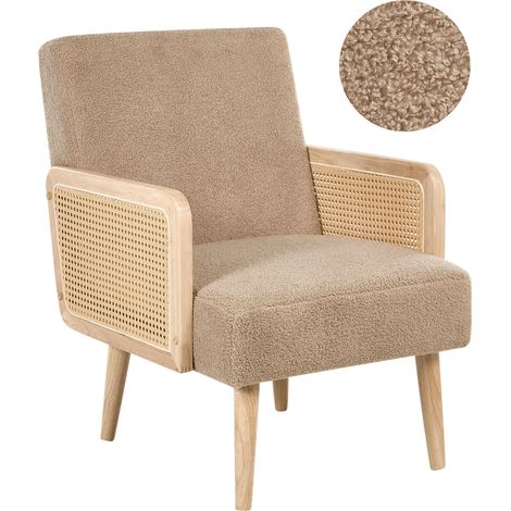 Sillón tapizado en tela bouclé diseño retro reposabrazos de trenza vienesa para sala de estar beige arena Hojby (1/5)