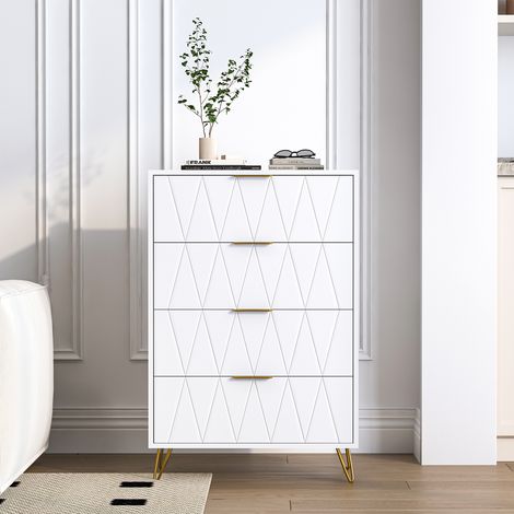 Commode blanche 4 tiroirs - 60x34x90 cm - Poignées et pieds en métal - Pour chambres et salons (1/5)