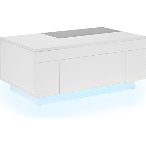 Tavolino da caffè moderno bianco e nero con LED, piano estraibile e cassetto (1/5)