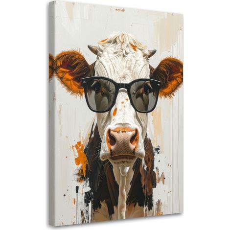 Toile Imprimée, Vache avec des lunettes sur fond beige,40x60 (1/4)