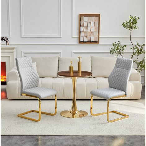 Conjunto de comedor MDF efecto nogal y metal dorado, mesa redonda 60x72 cm con 2 sillas en PU gris claro (1/5)
