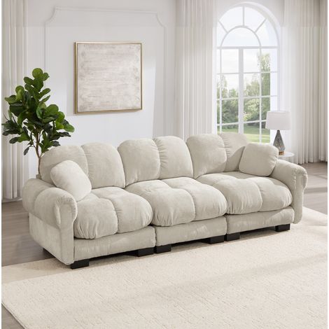 Divano 3 posti in ciniglia 260 x 86 x 90 cm con 2 cuscini decorativi kaki chiaro HAVRYA (1/5)