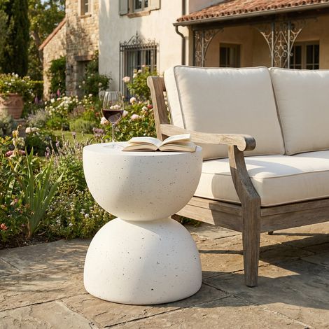 Tavolino da esterno, Tavolini da giardino, 39,5x39,5x45,5cm, Tavolo rotondo in MgO per uso interno ed esterno, per giardino, balcone, piscina, mobili da giardino, bianco