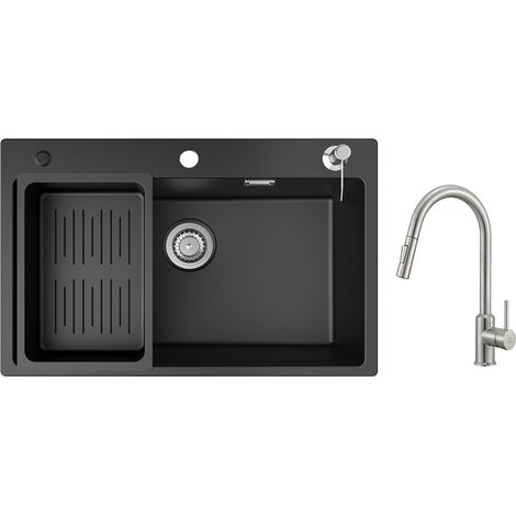 Cecipa Lavello 1 Vasca con Cestello di Scarico e Dispenser Sapone, Lavello in Quarzo e Resina 70x45 cm + Miscelatore da Cucina con Doccetta Estraibile - 2 Modalità di Uscita dell'Acqua (1/5)