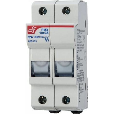 Portafusibile per fotovoltaico, 1000V 32A, 2 moduli, per fusibili ⌀10,3x38mm, montaggio su guida DIN - Wimex 5450123F PMX-10x2-UL (1/2)