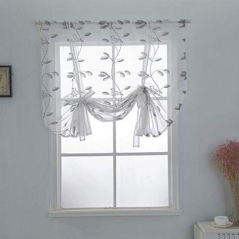 Rideaux à motif oiseaux et feuilles en voile transparent brodé - Rideaux à ballons, poches à tringle, rideaux de fenêtre et rideaux pour cuisine, chambre à coucher, 60 x 120 cm
