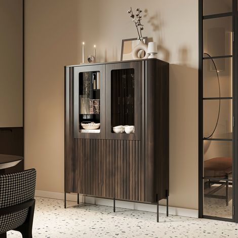 Vitrina Cimino, Mueble Expositor 8 Estantes, 2 Puertas, Puertas Efecto Rayado, 110x40x160h cm Marrón Nogal (1/5)